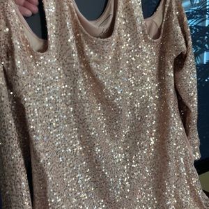 INC Large gently worn lined rose gold beaded sparkle cold shoulder top